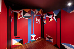 wooden floored room with a long brightly-coloured screen (not a tv screen, a room partition)