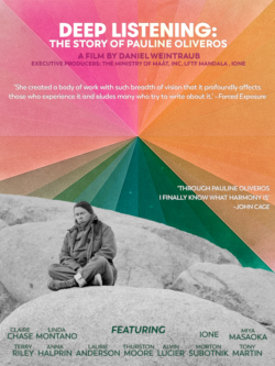 film poster, a woman meditates on some boulders, behind her are artificial lines of coloured light emanating from a centre point