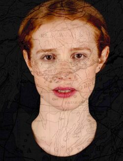 female face with a faintly overlaid roadmap of an unknown place.
