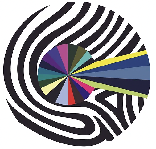 abstract image. Circle of abstract black and white flowing lines. with colourful circle in middle