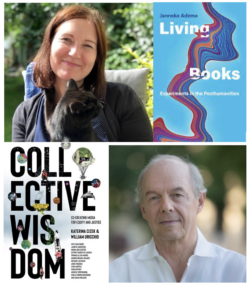 poster of the two presenters, in 4 quadrants. Top left is a woman in a blue jacket, top right is her book cover (blue background, colourful marbling river shape runs down the middle, title "living books"). Bottom right, picture of a man in a white shirt, bottom left book cover titled "collective wisdom"
