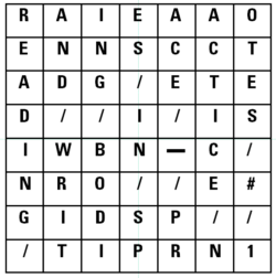 an 8x7 grid of capital letters, black on white, some symbols also (slash, hash, and dash)