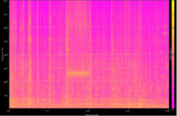 an audio spectrogram (frequency vs time) 60 seconds long. The background is pink and the data is yellow.