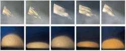 two rows of five images each. Top row all versions of black with askew reflected rectangle of light and shadow on wall. Lower row same but all blurry light semicircles.