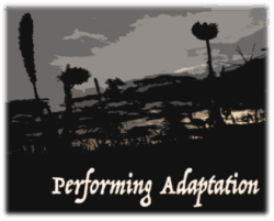 silhouette black and white forest landscape with "performing adaptation" written at the bottom in an arty cursive font.